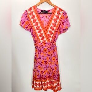 Floral Paisley Boho Pink Summer Mini Wrap Dress